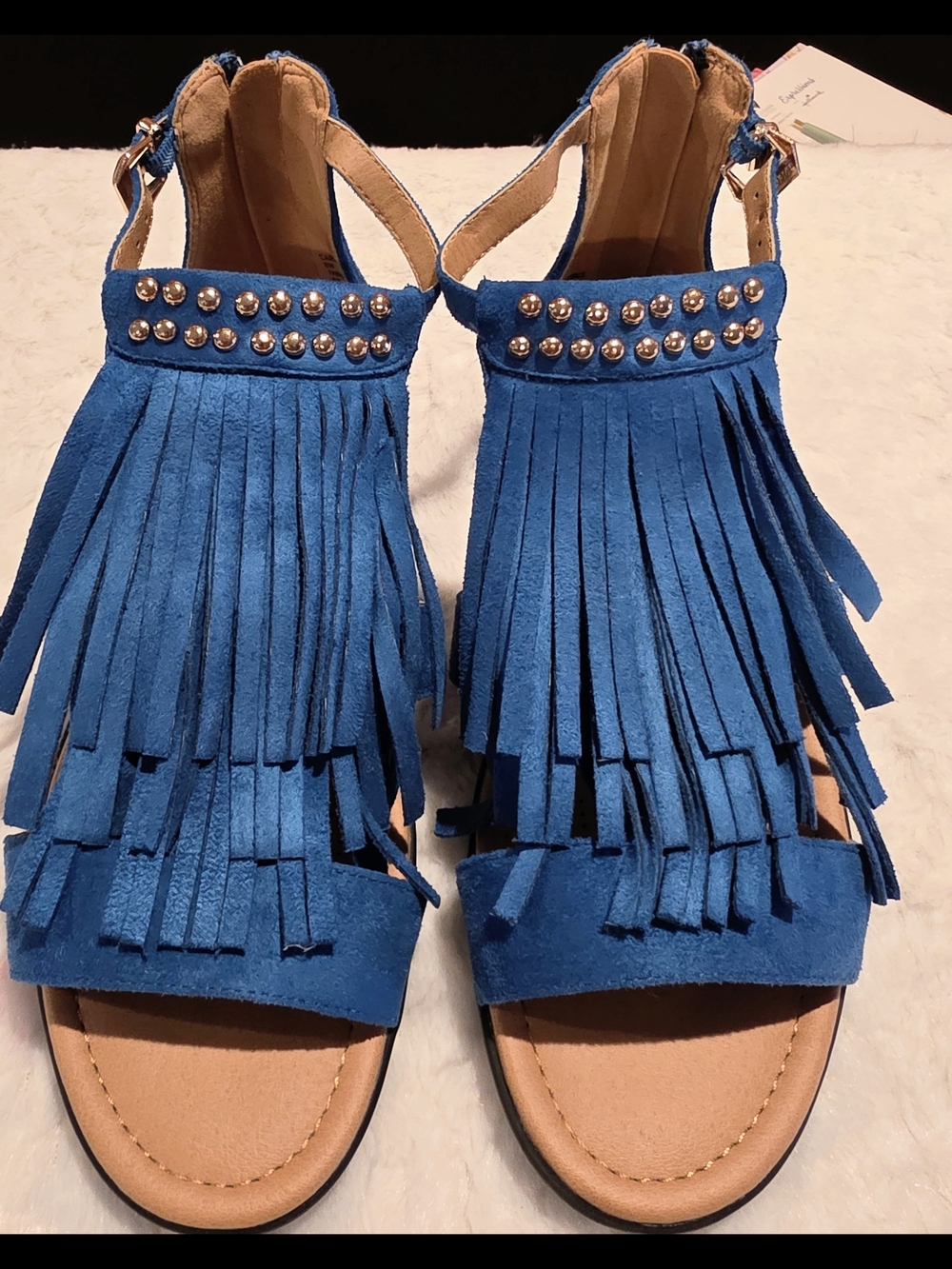 Comfortview Blue Fringe Studded Ankle-Strap Sandals